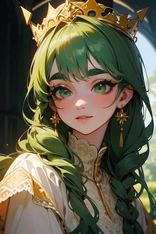 (Highest quality, masterpiece:1.2), High resolution, Very detailed, Realistic:1.37, Fantasy, An illustration, Green Eyes、Queen, White lace dress.Platinum decoration、beautifully、Eyeshadow Red、Thick eyebrows、Long eyelashes、pupils are black、Her hair is dark green、Gold crown、Kissing Face、Embarrassing、Beloved by the crowd、Hair is green、Braiding、hair ornaments、laughing out loud、