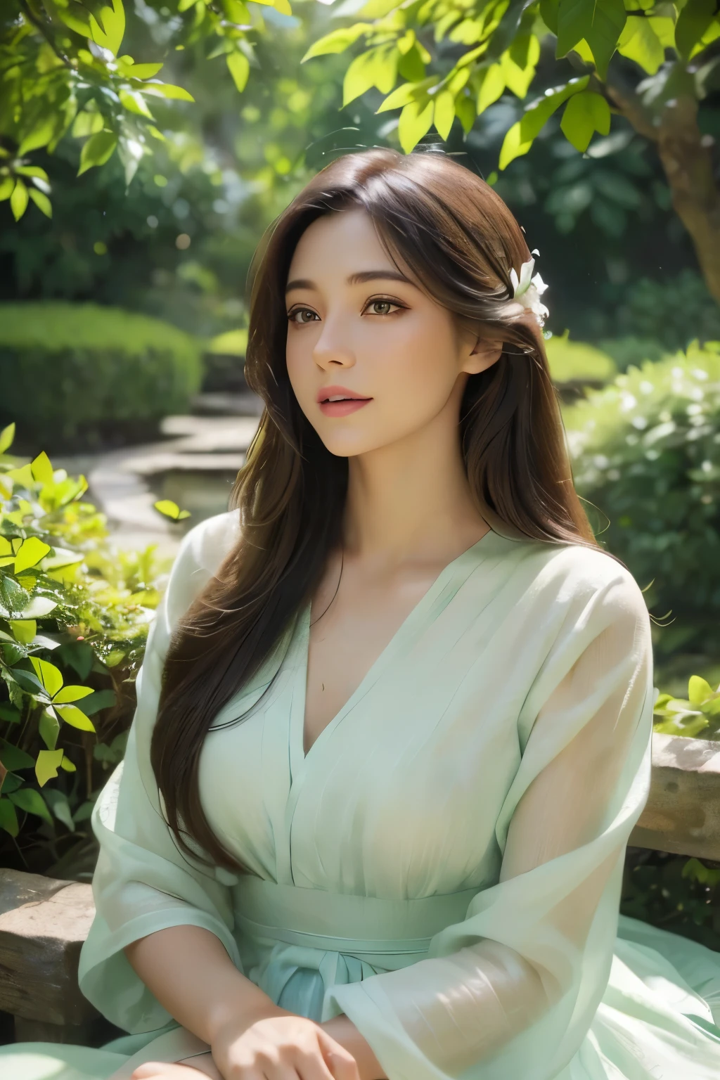 (best quality,4K,8K,mackerel,masterpiece:1.2),very detailed,(realistic,photorealistic,photo-realistic:1.37),girl in the garden,illustration,soft lighting,vivid colors,greenery,detailed flowers,peaceful atmosphere,sit casually,comfortable,comfortable,happy,middle:oil painting,beautiful detailed eyes,beautiful and delicate lips,long eyelashes,soft smile,flowing hair,Feminine features,Soft sunlight seeping through the leaves,blurred background,Lush trees and shrubs,flying butterflies,light wind,amazing nature,optimistic,serene