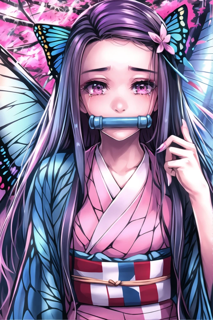 1girl, blue butterfly, bug, butterfly, butterfly hair ornament, butterfly on hand, crying, crying with eyes open, eyelashes, gag, glowing butterfly, japanese clothes, kamado nezuko, kimono, long hair, looking at viewer, nail polish, origami, pink kimono, solo, tears, umbrella, upper body, white butterfly