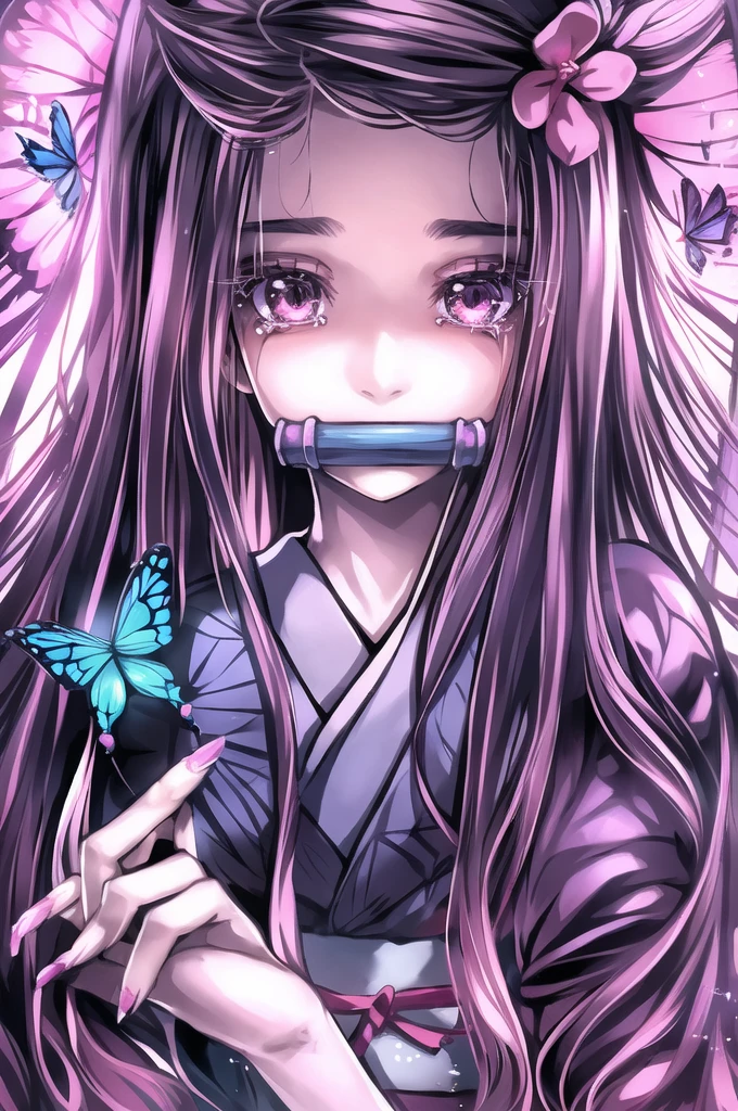 1girl, blue butterfly, bug, butterfly, butterfly hair ornament, butterfly on hand, crying, crying with eyes open, eyelashes, gag, glowing butterfly, japanese clothes, kamado nezuko, kimono, long hair, looking at viewer, nail polish, origami, pink kimono, solo, tears, umbrella, upper body, white butterfly