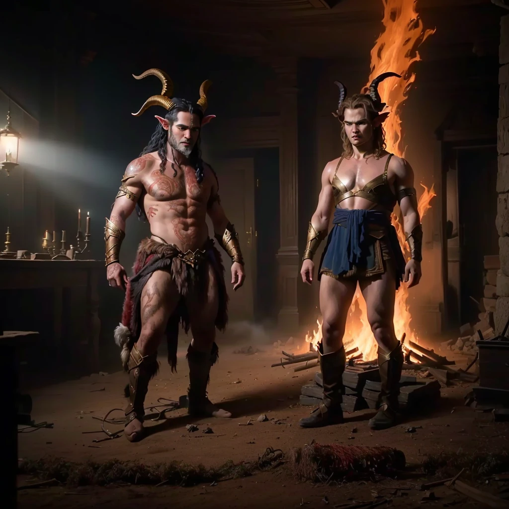 30 year old muscular minotaur with horns and ginger hair, and a tail, standing in a forge, with no shirt on