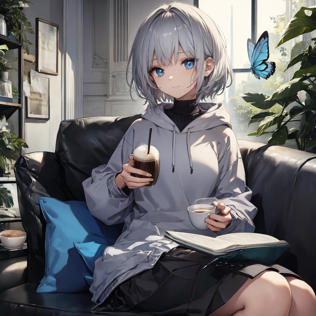 (((1 person Gray Hair Sit on the sofa blue eyes))) ((High resolution short hair hoodie Black Skirt Rin々Funny face)) ((Close-up)) ((Blue Butterfly Asahi Shining Aura Catch the wind Holding a cup Drink coffee)) (smile Bathed in light) Shining Background Shining Edge