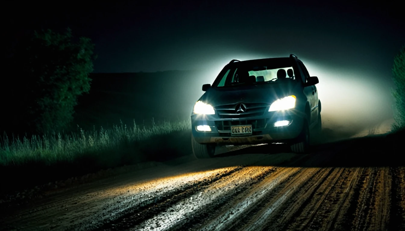 car moving, dirt road, dark, sinister night, only the car headlights lighting the way