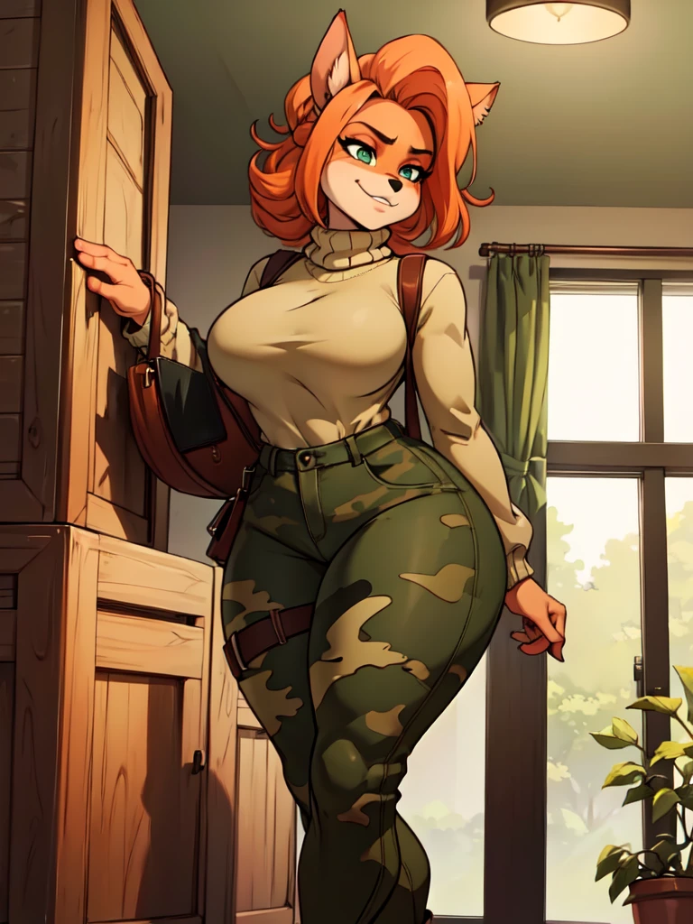 (best quality,4k,8k,highres,masterpiece:1.2),ultra-detailed,realistic:1.37,portrait, sancy anthro bandicoot girl redhead, braided hair, beautiful green eyes,  y ,seductive, warm sweater, beanie-balaclava, camouflage pants, army boots, smirking, cozy lighting, vibrant colors ,girl anthro , sweater, beanie-balaclava, camouflage pants, army boots, 