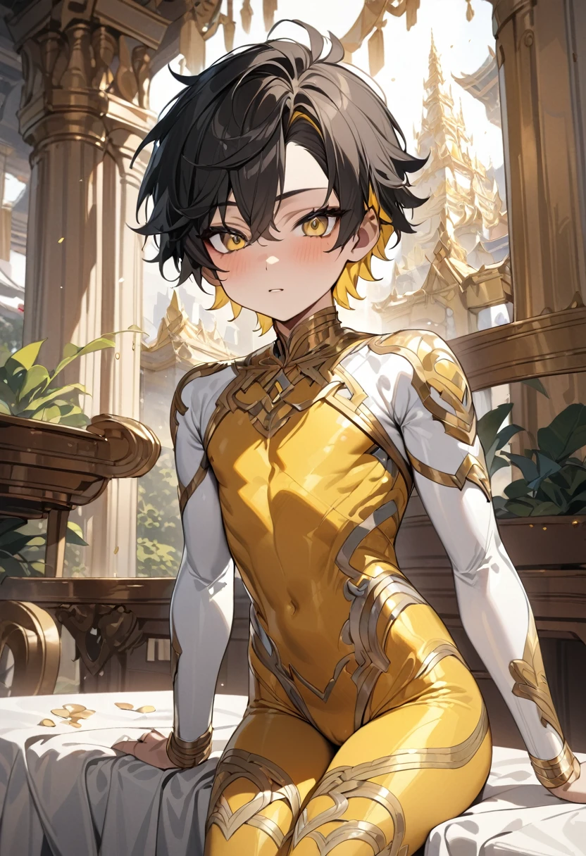 High quality，(Best quality, 4K, A high resolution, Masterpiece:1.2), Super detailed，（1 boy），（（（独奏））），juvenile，male，（Male juvenile）, Handsome and cute boy, black hair ,((yellow inner hair)),Gold tights with white pattern，bodysuit，short hair,Golden Eyes，single photo,the white temple of light,magnificent palace background，