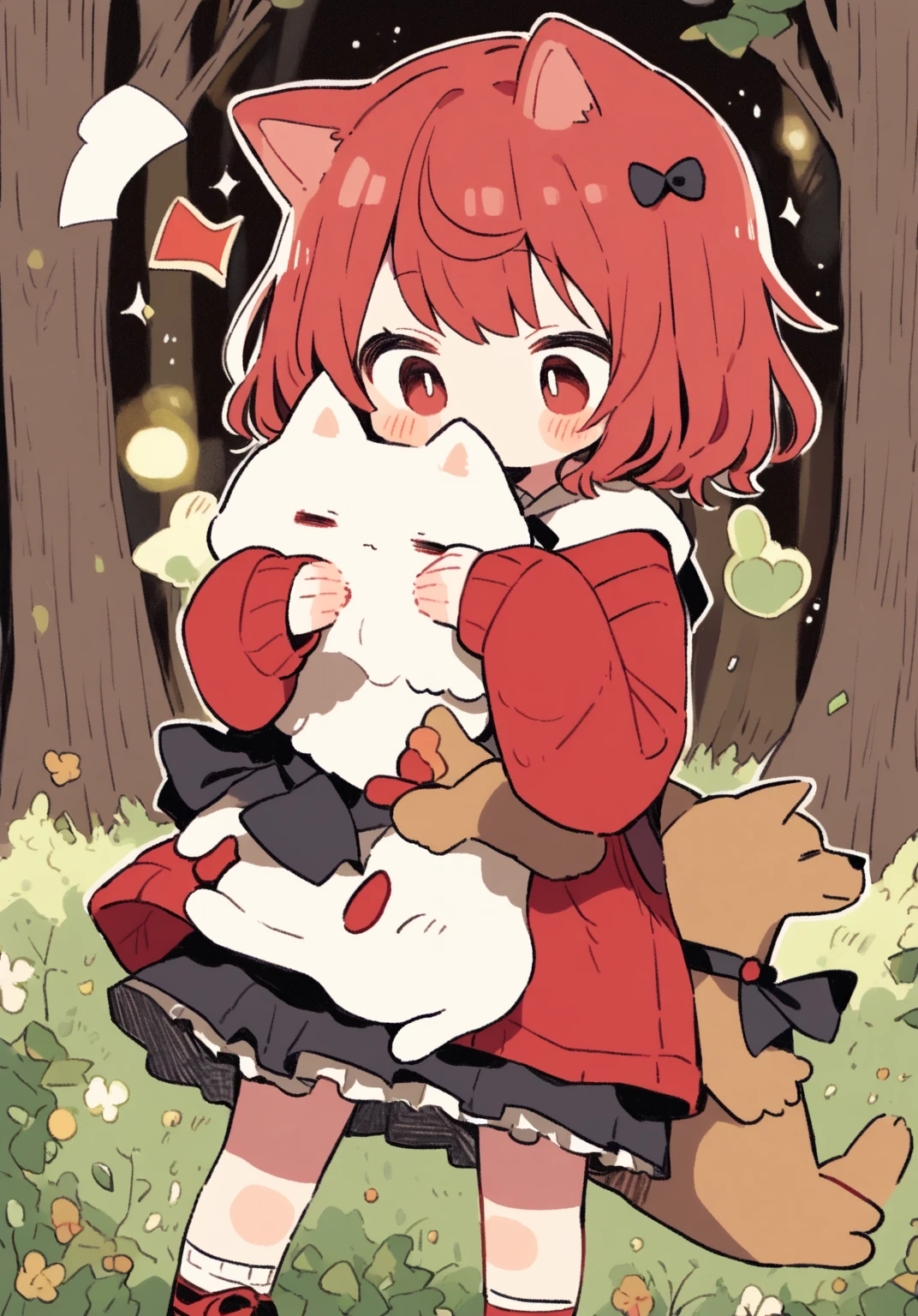 tegaki chibi 1girl 1boy Red hooded girl and dog-eared boy hug in the forest gothic ta