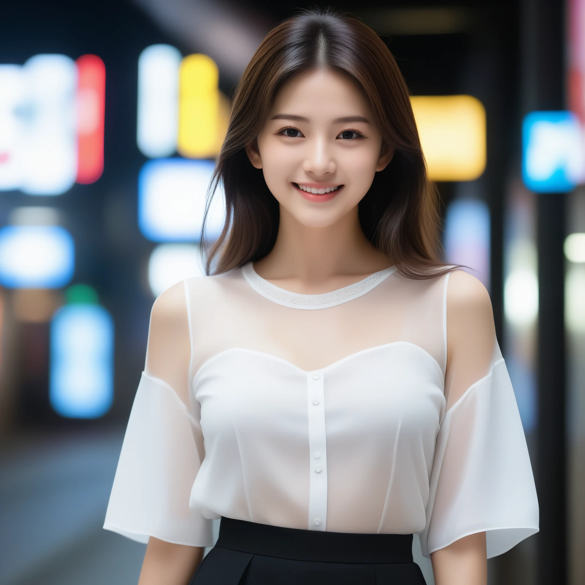 8K, Ultra-high resolution, Highest quality, masterpiece, 三分割法によるphotograph,Surreal, photograph, 1 girl, (:1.3), pretty girl, Cute face, Beautiful eyes in every detail, 細かくdetailedに,masterpiece,, One Girl:1.2, Japan Female Announcer,whole body,Young Wife, (night, (Neon Signs), (Blurred Background), ((See-through blouse)), (White blouse)), , Very slim, Black Pencil Skirt、Full of cleanliness,A carefree smile,Healing the heart,Semi-long layered hair,Looking at the audience、beauty,Long neck、Laugh a little、Please close your mouth and laugh、(((Ideal body type))),A-cup small breasts :2,、Portraiture:2、Perfect Anatomy、鮮明なdetailed、detailed、Surreal、Light and shadow,Strong light