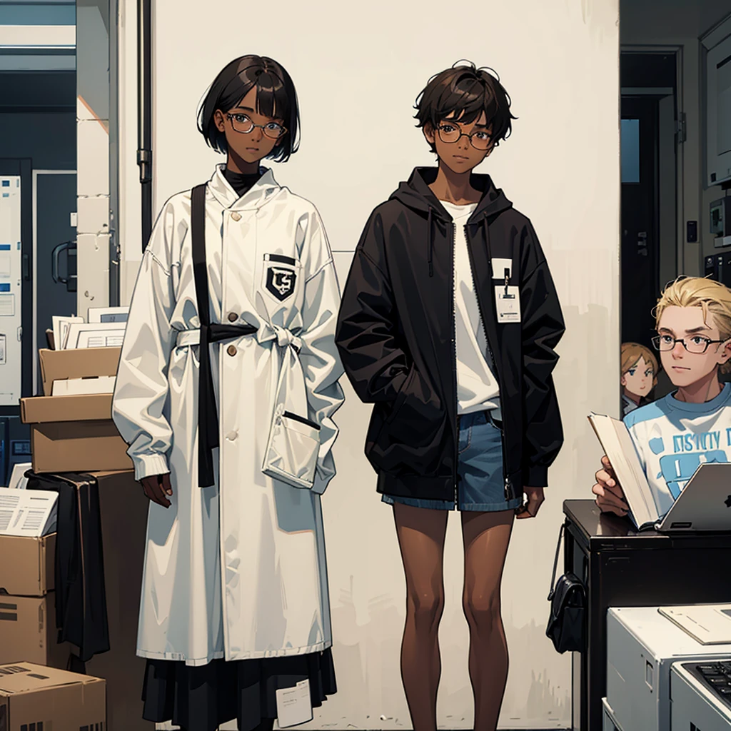 Teenage girl with short black hair, Dark Skin, Brown eyes and glasses , Simple clothing , Standing opposite a blonde, blue-eyed white man