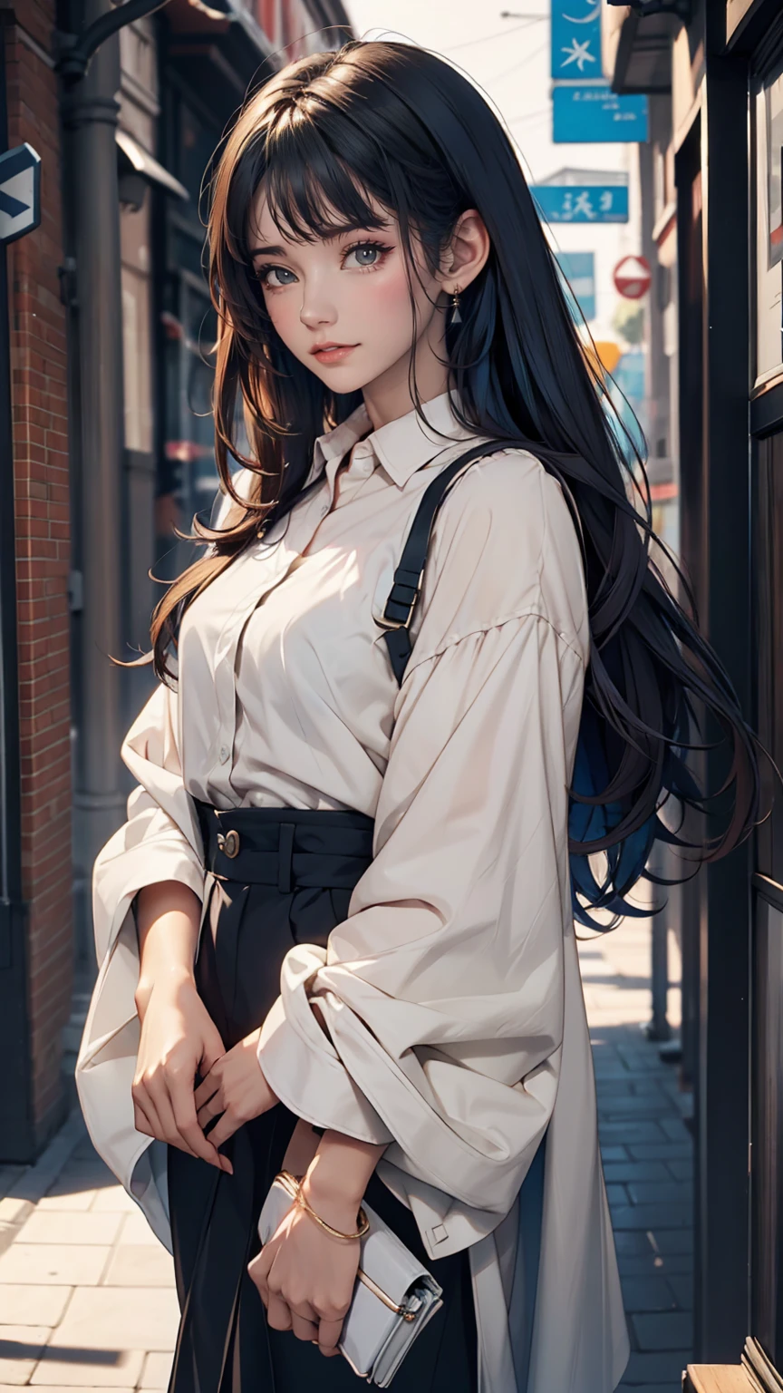 Girl&#39;s short hair, blue hair, blue eyes, blue matching, confident smile, correct limbs、Sexy proportions、Narrow waist、Sexy、tall