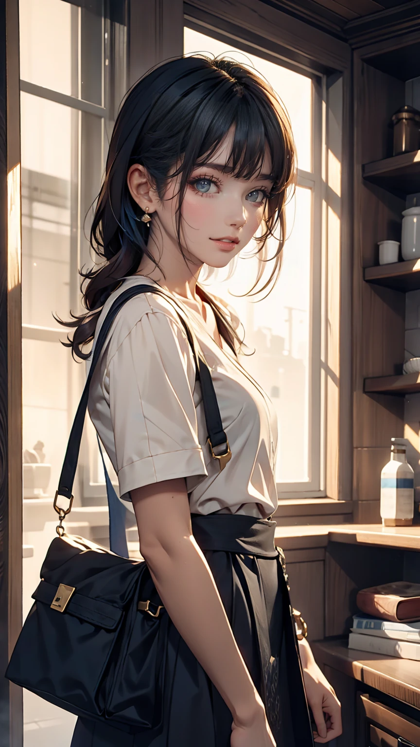 Girl's short hair, blue hair, blue eyes, blue matching, confident smile, correct limbs、Sexy proportions、Narrow waist、Sexy、tall