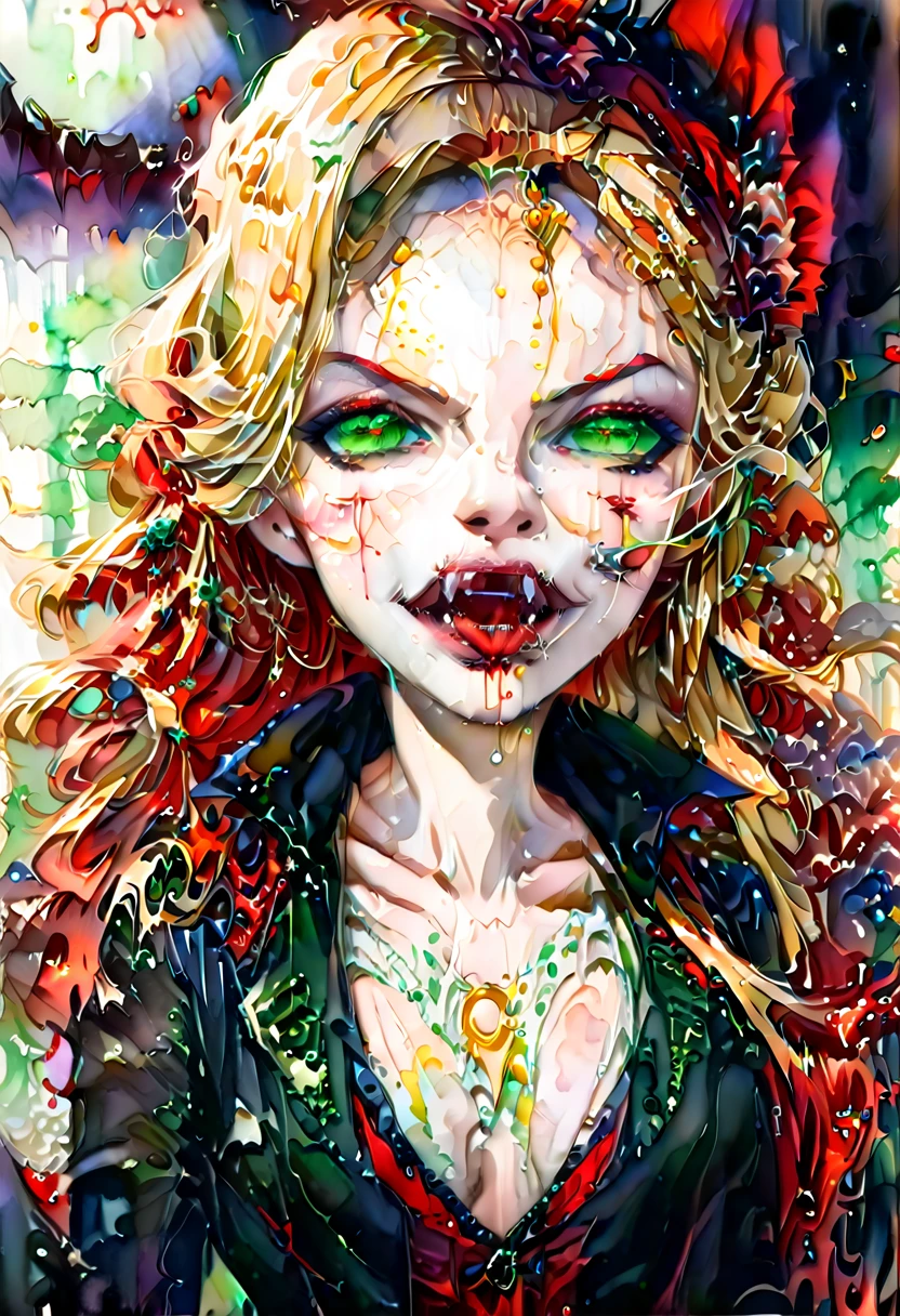 ((a watercolor portrait of an exquisite, glamour female vampire: 1.5)) , pale face, blond hair, long vibrant shiny hair, glamorous hair, emerald green eyes, deep penetrating eyes, red lips, lustful lips, ((two vampiric fangs: 1.5), drops of blood dripping from the mouth, ((1920's style: 1.5)), (highest quality:1.2, Very detailed, up to date, Vibrant, Ultra-high resolution, High Contrast, masterpiece:1.2, highest quality, Best aesthetics), best details, best quality, highres, ultra wide angle, 16k, [ultra detailed], masterpiece, best quality, (extremely detailed), Genetically modified..., Cinematic Hollywood Film, traditional watercolor painting
