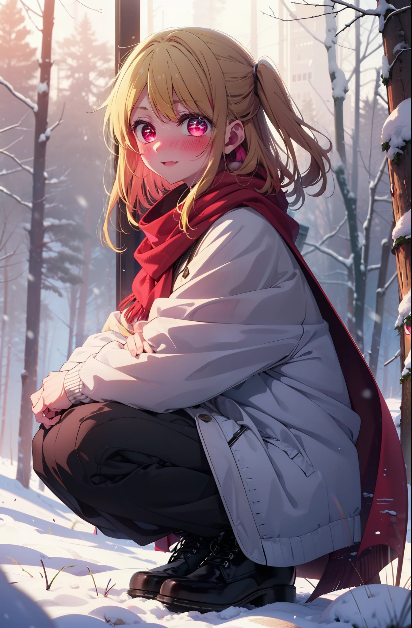 rubyhoshino, Hoshino Ruby, Long Hair, bangs, Blonde, (Pink Eyes:1.3), Side Lock, (Symbol-shaped pupil:1.5), Multicolored Hair, Two-tone hair, smile,,smile,blush,White Breath,
Open your mouth,snow,Ground bonfire, Outdoor, boots, snowing, From the side, wood, suitcase, Cape, Blurred, , forest, White handbag, nature, Squat, Mouth closed, Cape, winter, Written boundary depth, Black shoes, red Cape break looking at viewer, Upper Body, whole body, break Outdoor, forest, nature, break (masterpiece:1.2), Highest quality, High resolution, unity 8k wallpaper, (shape:0.8), (Beautiful and beautiful eyes:1.6), Highly detailed face, Perfect lighting, Highly detailed CG, (Perfect hands, Perfect Anatomy),