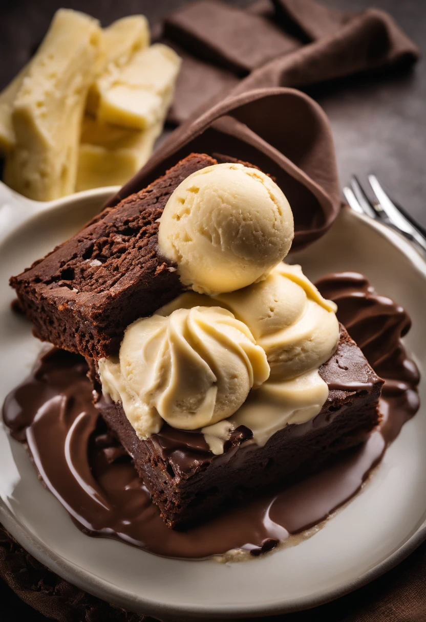 Brownie, brownie de chocolate, (plate with chocolate brownie and banana ice cream), brownie with banana ice cream, banana ice cream with brownie, foto realisitic, professional foto, photo taken by the best photographer in the world, 4 K, best qualityer, optical zoom, photo with depth of field, realisitic. Brownie with banana ice cream