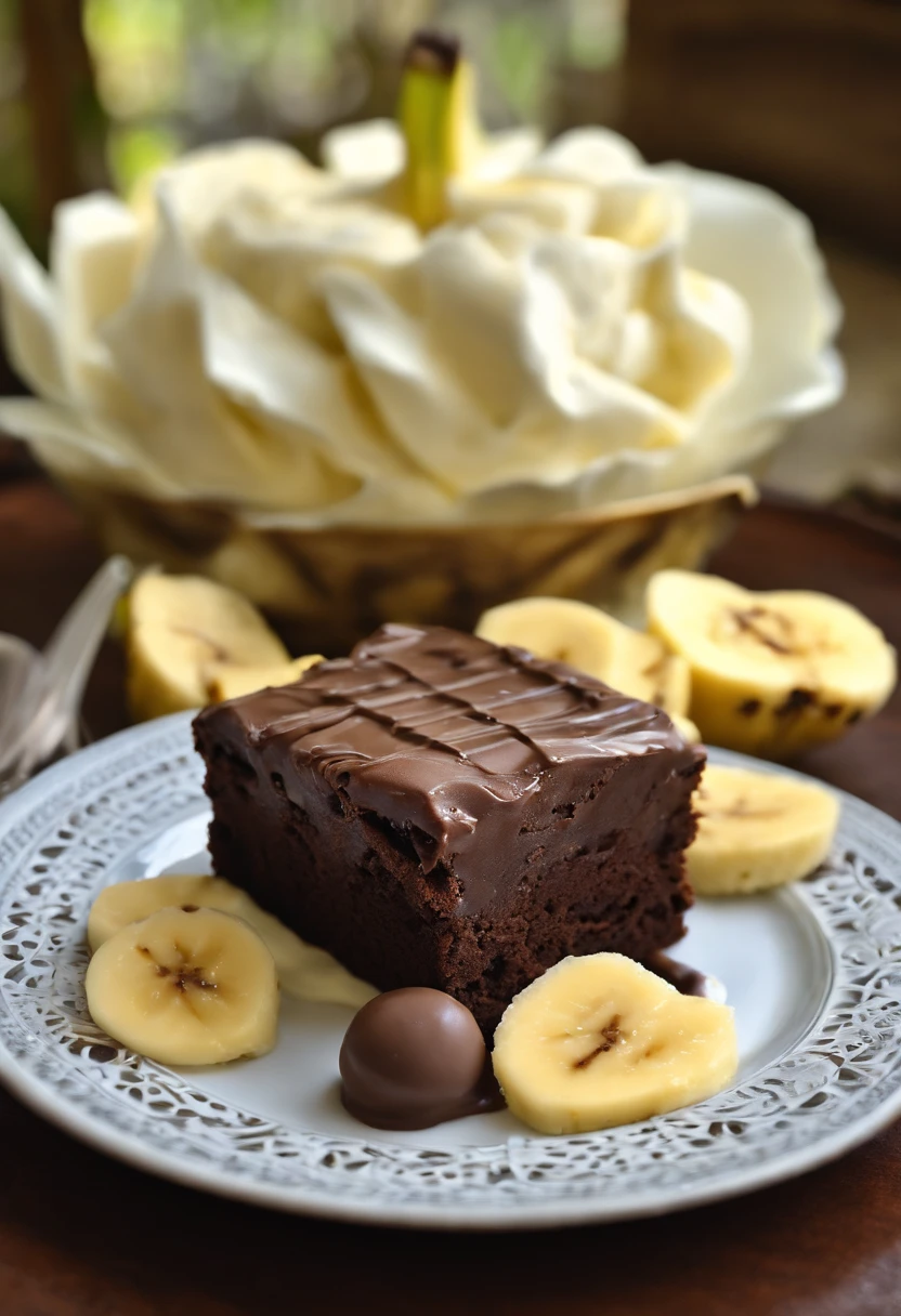 Brownie, brownie de chocolate, (plate with chocolate brownie and banana ice cream), brownie with banana ice cream, banana ice cream with brownie, foto realisitic, professional foto, photo taken by the best photographer in the world, 4 K, best qualityer, optical zoom, photo with depth of field, realisitic. Brownie with banana ice cream