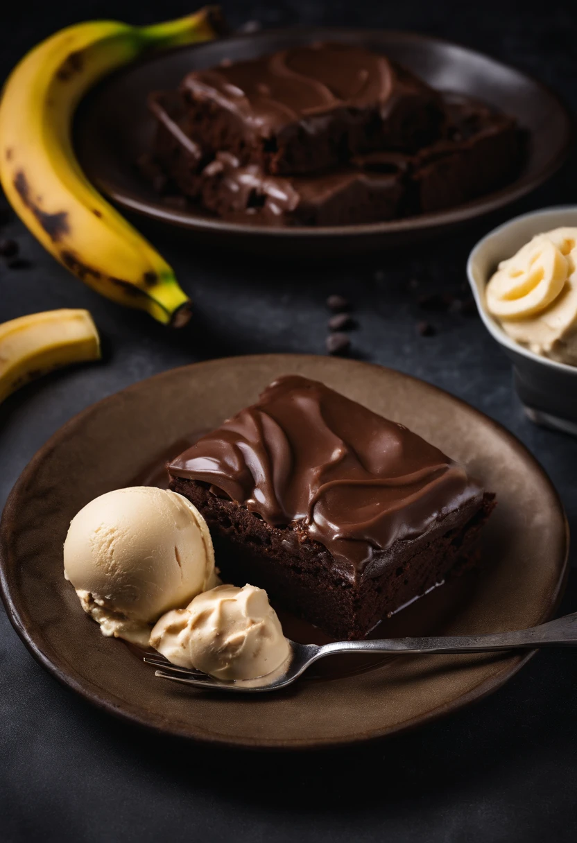 Brownie, brownie de chocolate, (plate with chocolate brownie and banana ice cream), brownie with banana ice cream, banana ice cream with brownie, foto realisitic, professional foto, photo taken by the best photographer in the world, 4 K, best qualityer, optical zoom, photo with depth of field, realisitic.  Brownie with banana ice cream 