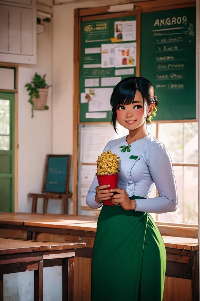 Myanmar school girl holding popcorn, wearing a crisp white  with green longyi, her face lit with a cheerful smile, standing in a serene classroom with wooden desks and chalkboard, soft morning light filtering through the windows, a peaceful and studious atmosphere, Illustration, hand-drawn digital art, --ar 16:9 --v 5