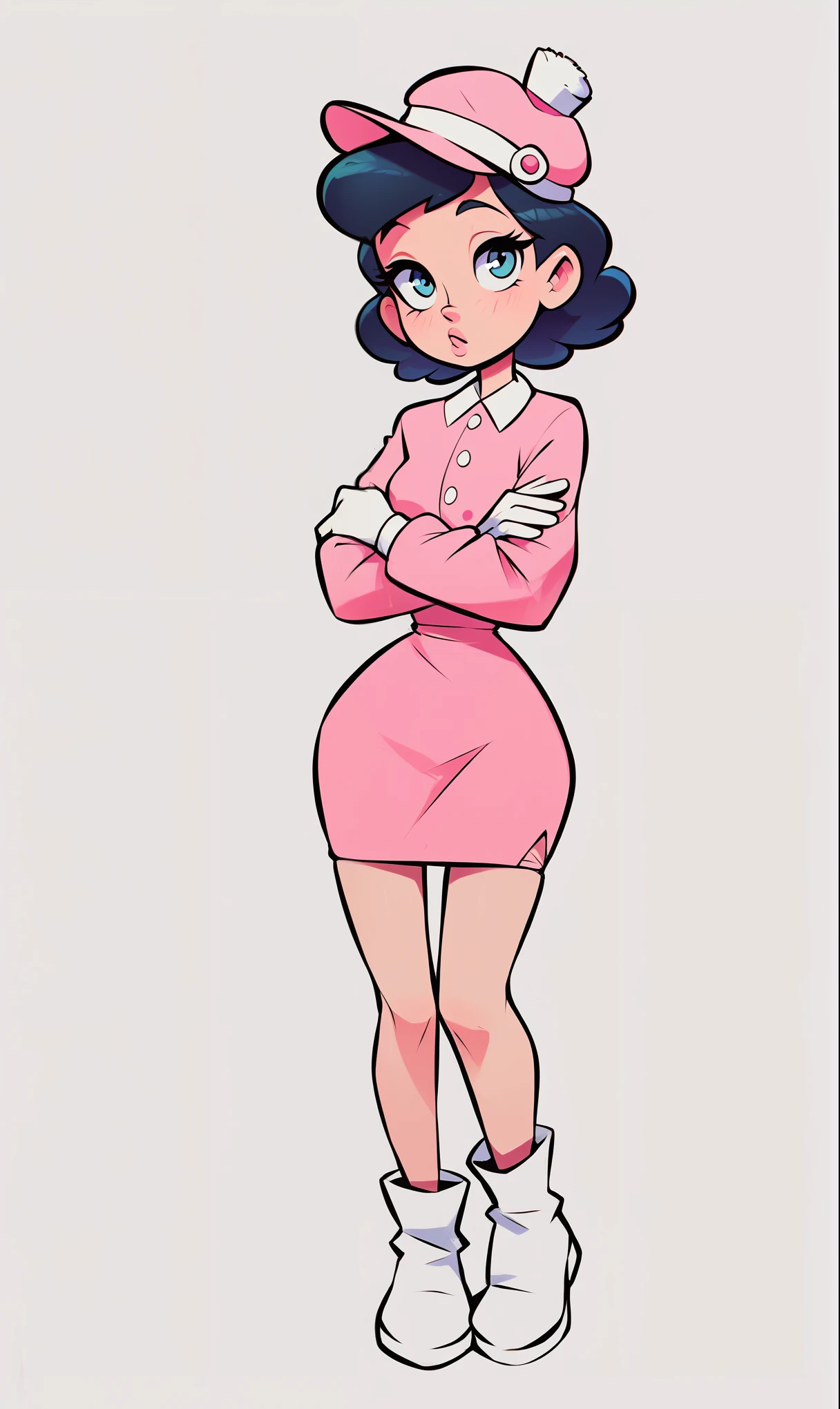 score_9, score_8_up, 1girl, solo, flat shading, flat color, drg, wide hips, narrow waist, black hair, pink dress, mini dress, long sleeves, white gloves, white boots, small hat, pink hat, portrait, closeup, looking at viewer, crossed arms