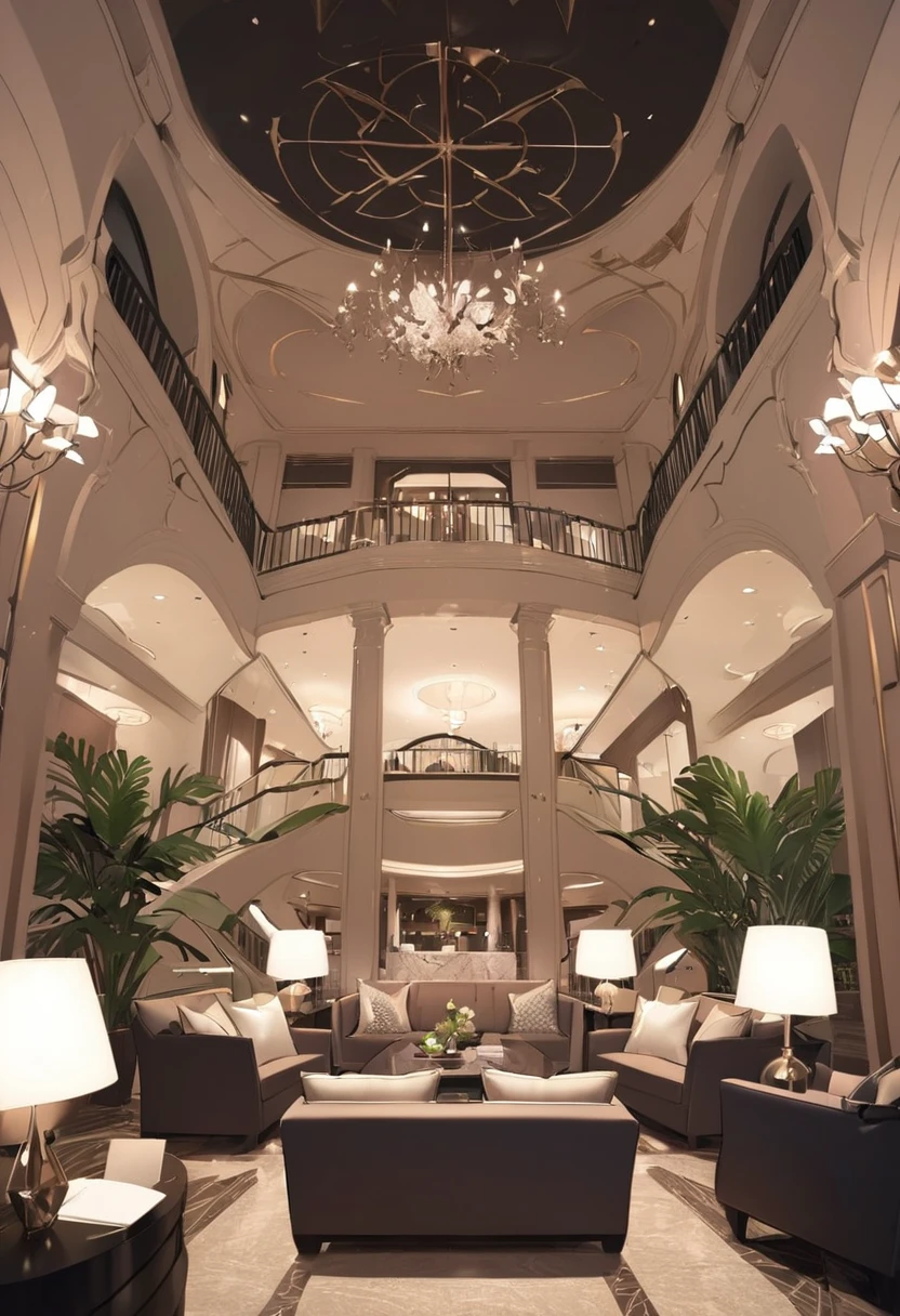 sofa,plant,from below,(hotel entrance,hotel lobby,front desk,check-in:1.3), , , (6girl:1.2),masterpiece, best quality, multiple girls, black hair, (textured skin:0.8), dramatic lighting, walking, large ,