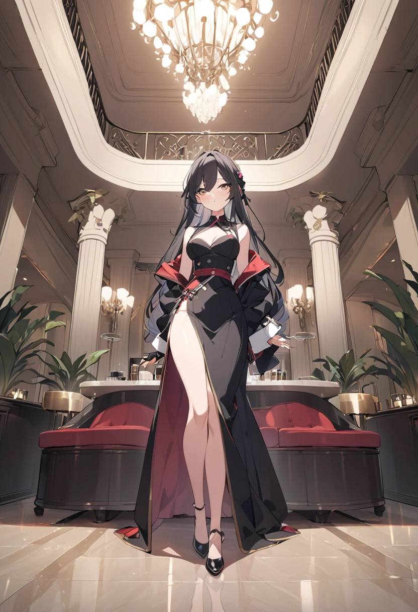 A woman wearing a red dress with a long skirt, exposed thigh, long transparent brown stockings, red heels, exposed shoulder, large breasts, exposed chest, black hair, long hair, red eyes, smiles, red band around the neck, golden barrette in her hair shaped like a olive leaf, standing postured, in a luxury room with gray marble floor, luxury wooden wall, large luxury glass windows, next to a table with a golden record player, UHD, prime work, accurate, anatomically correct, textured skin, super details, high quality, best quality, 8k, high resolution, bokeh effect. (woman alone), close view.