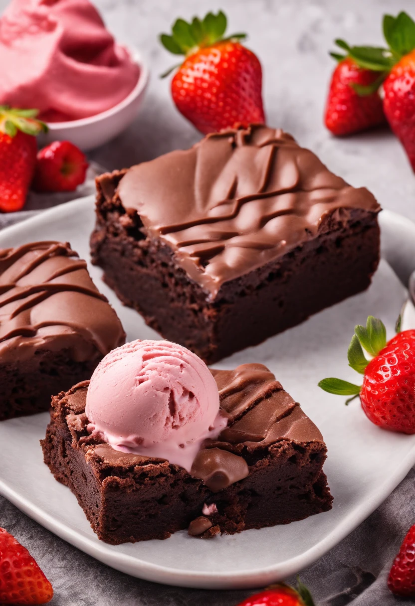 Brownie, brownie de chocolate, (plate with chocolate brownie and strawberry ice cream), brownie with strawberry ice cream, strawberry ice cream with brownie, foto realisitic, professional foto, photo taken by the best photographer in the world, 4 K, best qualityer, optical zoom, photo with depth of field, realisitic.  Brownie with strawberry ice cream 