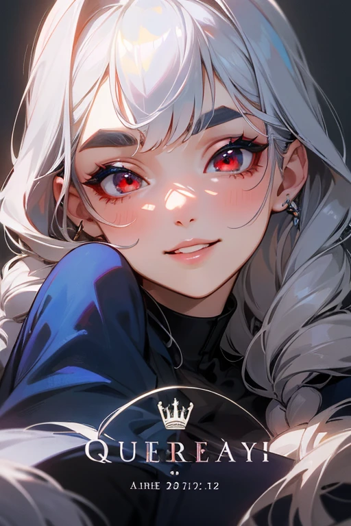 (Highest quality, masterpiece:1.2), High resolution, 最高masterpiece、Very detailed, Realistic:1.37, Fantasy, An illustration,Gray Hair、 Red eyes、Queen, Navy and blue dress、beautifully、Eyeshadow Red、Thick eyebrows、Long eyelashes、pupils are black、shiny on the lips、Top Sites、Queen、Princess、A kind smile、Show your teeth a little and smile、Soft impression、people々々々々々々々々Loved by、Slimming the face、Shoulder Bare、Sexy braids、Kissing Face、Long white hair、Shaggy Bangs、Save face image、royal palace、