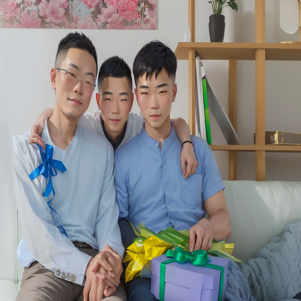 Two men and a boy are sitting on a sofa with gifts, Asian Man, High-quality images, Color photographygraph, Color photography, Asian Man, family, Portrait Shot, portrait of family of three, Close-up photo, husband、wife、son, happy family, full illustration