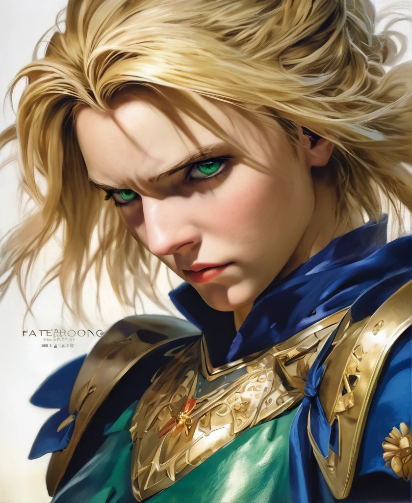 (masterpiece:1.2), (absurdres), (detailed face),(detailed eyes), (best quality) (traditional media:1.2)  , (white backround), upperbody, (expressionless),  artoria_pendragon_(fate), saber, armor, blonde hair, gauntlets, green eyes, hair ribbon, armored dress, ahoge, blue dress,