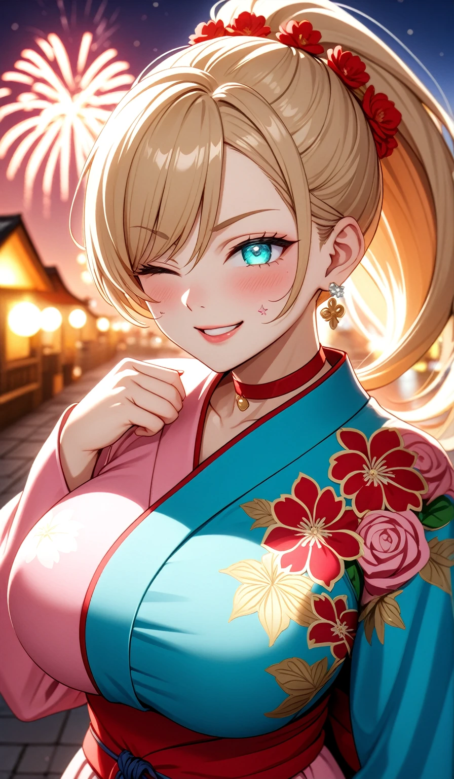 ((One personの女性)), Beautiful Face,Laughing embarrassedly,((Close one eye:2.0)),Laugh with your mouth wide open((Bright red cheeks:1.4)),Glossy pink lips,night,rooftop,Festive decorations,You can see the ocean, firework,Laughing with your mouth open,Glossy pink lips,Facial lighting,((Anime style background)),masterpiece, Highest quality, so beautiful,up to date, Complex details, (Pink long nails),(ring),(bracelet),(choker),AI-generated, Complex,High resolution, Highest quality, super high quality,3D Images、View your audience、3D Images,One person,Long blonde hair,High Ponytail,(Turquoise Eyes),Anime woman posing for a photo, ((Fine grain、gradient eyes、Shining Eyes:1.4)),(Squint your eyes:1.4),a hyperRealistic , hyperRealistic , Realistic,Anime woman with long white hair, Smooth anime CG art, A woman in a colorful kimono with gold embroidery, (Pink long-sleeved kimono),Red floral pattern,Long flower hair ornament,big floral earrings,Mature Body,(Big Breasts:1.1),expensive,Abdominal muscles,Tight waist,(Zoom in on face:1.8),Shooting from below at an angle