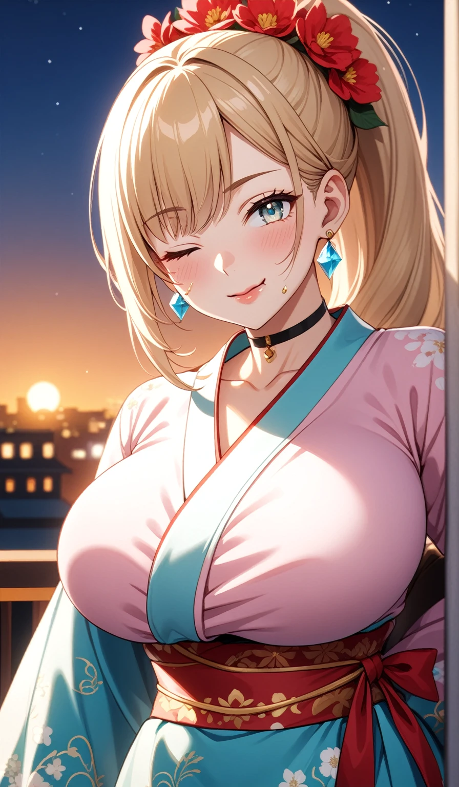 ((one personの女性)), Beautiful Face, Laughing embarrassedly,((Wink:2.0)),((Touching the nipples:1.7)),Laughing with your mouth open,((Red cheeks:1.4)),Glossy pink lips,night,rooftop,Festive decorations,You can see the ocean, firework,((Anime style background)),masterpiece, highest quality, so beautiful, Latest, Complex details, (Pink long nails),(ring),(flower bracelet),Floral choker,AI-generated, Complex,High resolution, highest quality, super high quality,3D Images、View your viewers、3D Images,one person,Long Blonde Hair,High Ponytail,Turquoise Eyes,Anime woman posing for a photo, (Fine grain,Colorful eyes,Shining Eyes:1.5),(Squint your eyes:1.1),a hyperRealistic , hyperRealistic , Realistic,Blonde anime woman with long hair, Smooth anime CG art, A woman in a colorful kimono with gold embroidery, (Pink kimono),Red floral pattern,Long flower hair ornament,Large floral earrings,(ring),(Big Breasts:1.1),Mature Body,Tall,Big Ass,Narrow waist,Abdominal muscles,(Zoom in on face:1.1),Lying down