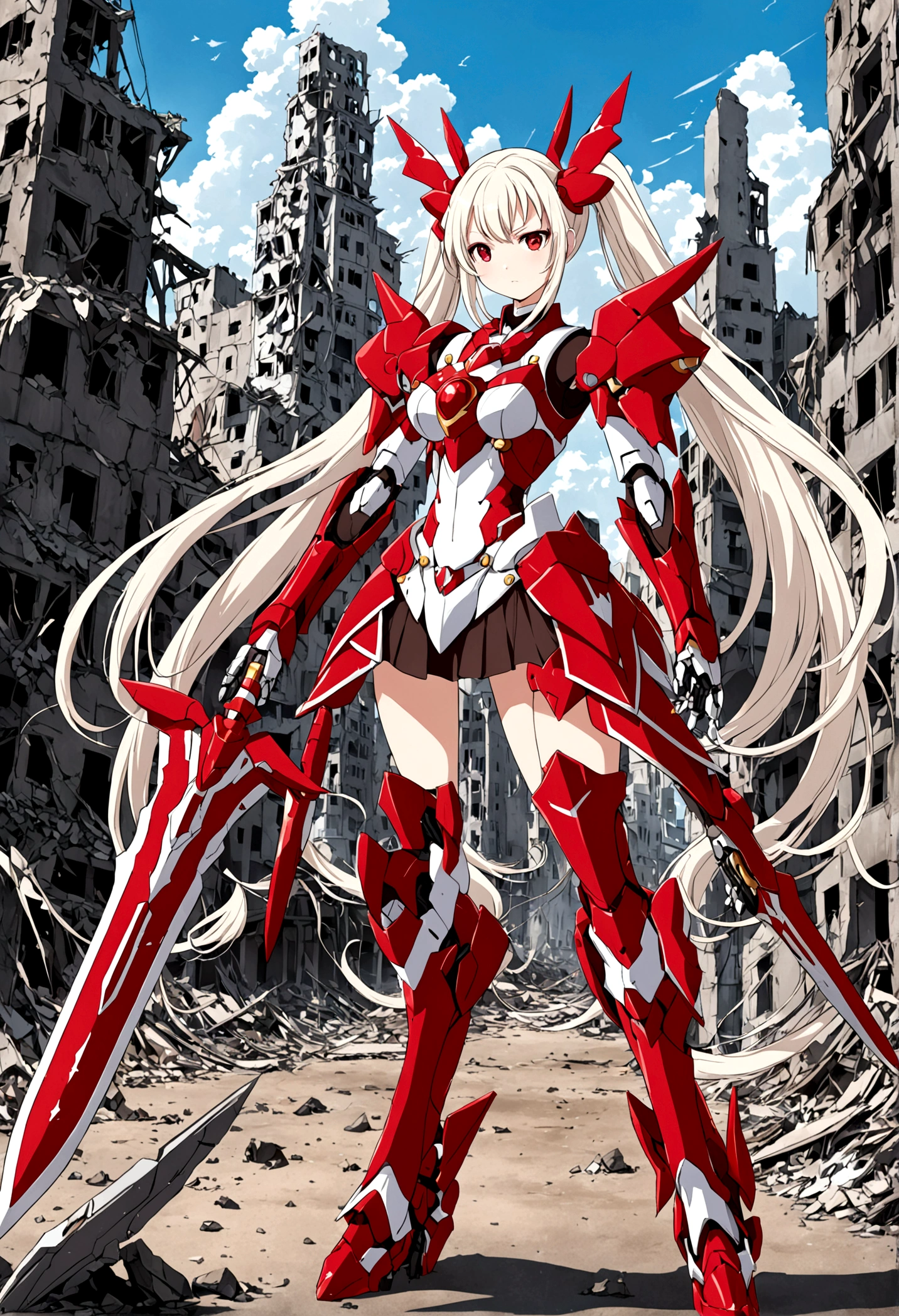 mecha style magical girl, White long hair styled in twintails, red eyes, wearing a crimson coloured Magical girl style mecha armor, she holds a enrgy blade in one of her hands, full body in picture turned towards viewer, backround is a destroyed city