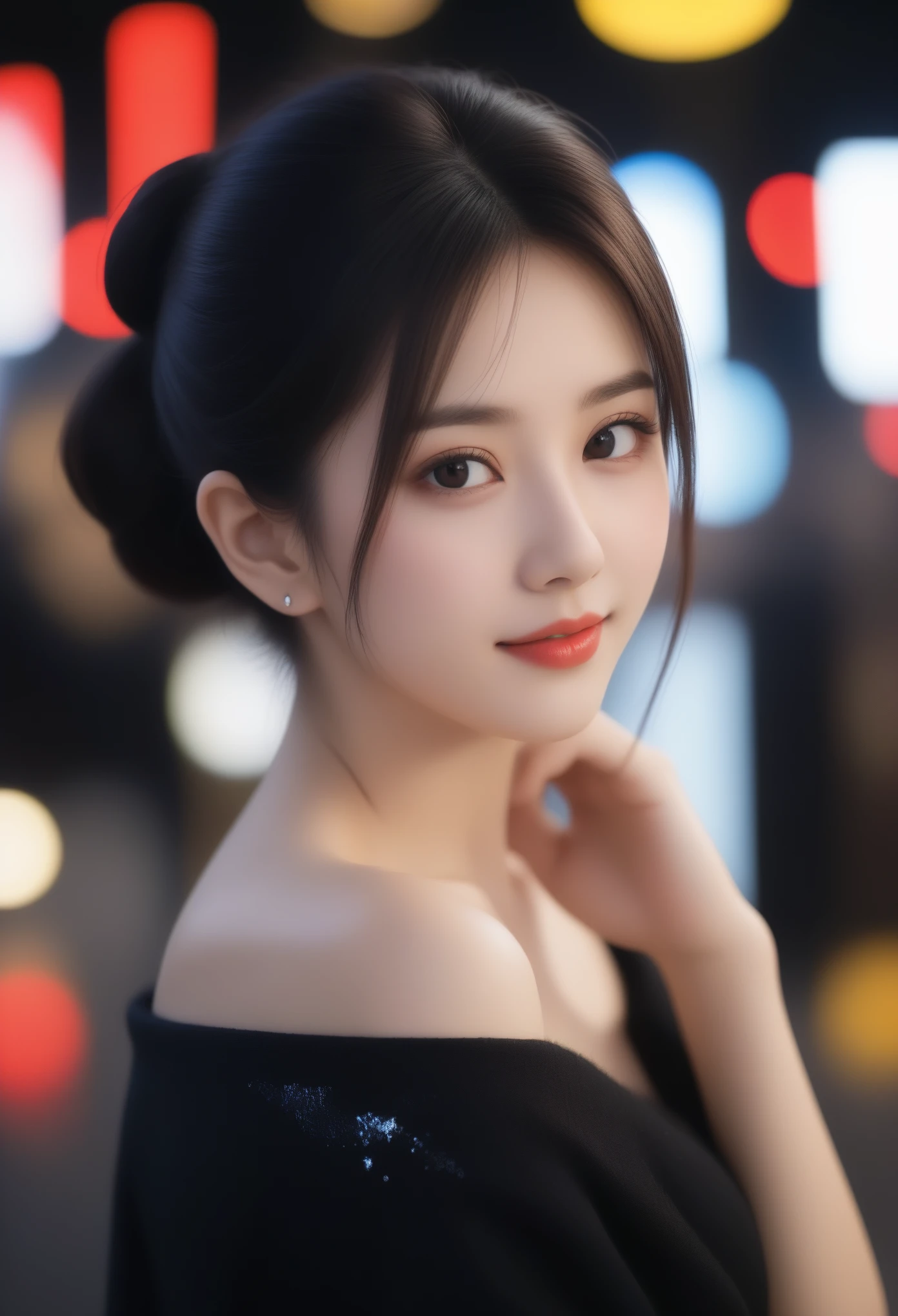 8K, Ultra-high resolution, Highest quality, masterpiece, 三分割法によるphotograph,Surreal, photograph, 1 girl, (16 years old:1.3), pretty girl, Cute face, Beautiful eyes in every detail, 細かくdetailedに,masterpiece,, One Girl:1.2, Japan Female Announcer,whole body,Young Wife, (night, (Neon Signs), (Blurred Background),Sequined fancy dress,Slutty Makeup,Bright red lipstick,A carefree smile,Healing the heart,Black hair bun,Looking at the audience、beauty,Long neck、Laugh a little、Please close your mouth and laugh、(((Ideal body type))),A-cup small breasts :2,、Portraiture:2、Perfect Anatomy、鮮明なdetailed、detailed、Surreal、Light and shadow,Strong light