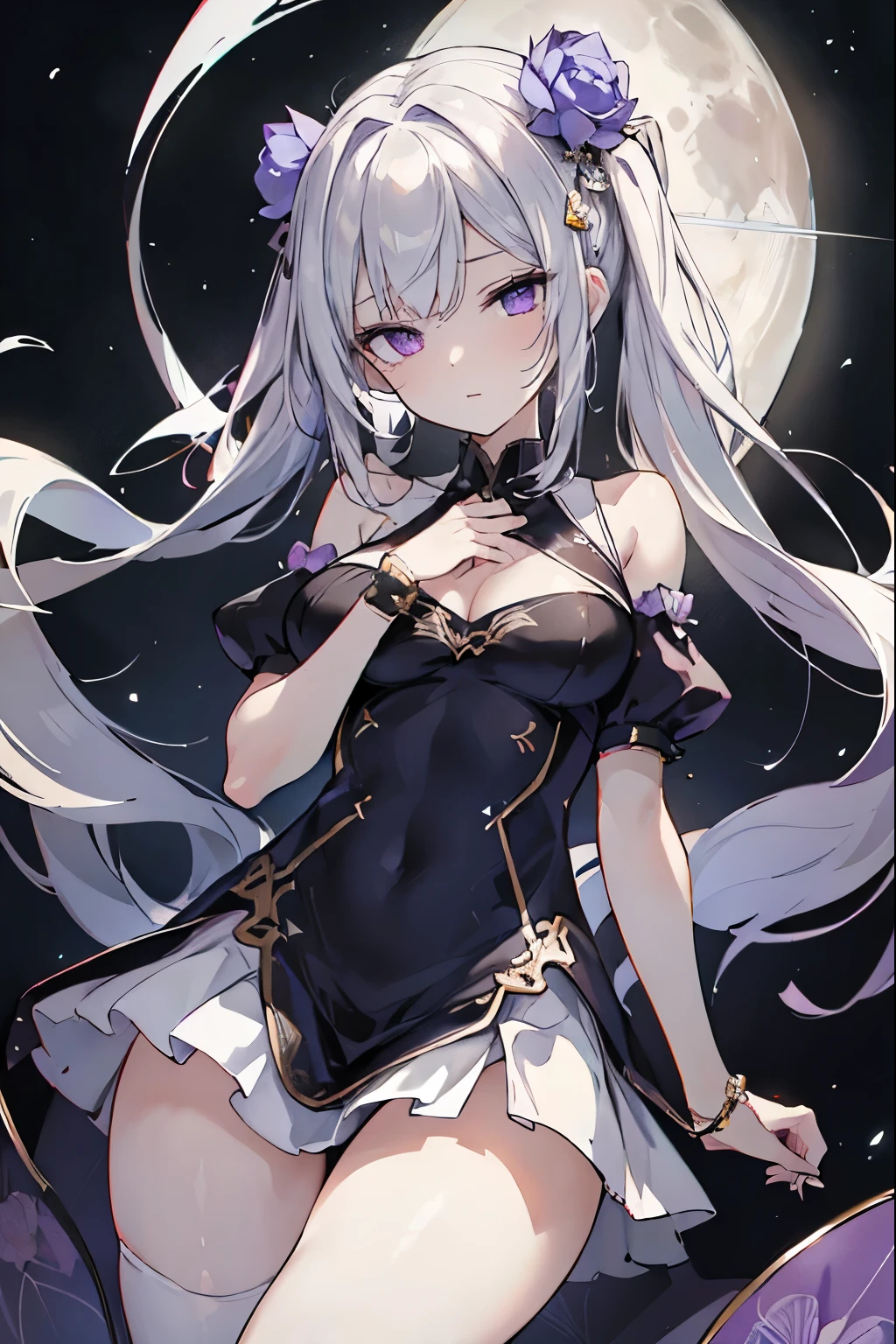 1girl, アニメ, cute girl, blank background, white background, fantasy, detailed fantasy dress with highlights, beautiful face, beautiful eyes, dark colors, black hair with multicolor streaks, red eye with different color pupil in eye, multicolor eye, , slight , beautiful skin, cute,  curtains, extremely delicate and beautiful, (beautiful detailed face:1.0), (detailed deep eyes), symmetrical , deep eyes, shiny skin, portrait, slender waist,  wider than shoulders, thighs, expressionless, young girl, luminous eyes, adorable，（Kpop idol）,（aegyo sal：1），（Platinum blonde hair：1），（（puffy eye）），Black ， posture，Superskirt, Ultra-high resolution，Black collar，slim figure, Abdominal y tattoo,  tattoo，Tight-fitting leg ring，y tattoo on half-body，, Armored hand，Hidden fingertips，Hand covered，Arm covered，Fist covered,{{beautiful detailed fingers}}, tufts of hair, moderate beautiful :1.0,(masterpiece:1.2), best quality, high-res, HDR, perfect face, intricate armor, delicate blue filigree, intricate filigree, red metalic parts, detailed part, dynamic pose, dynamic lights, cute face, neutral expression, shuimobysim, lotus, Hanfu, maxi skirt, dress conservatively 1girl, 独奏, long blue hair, standing, One lady,14years,((White hair) ,(Shiny purple  with ),((Fantasy, Moon Night)), gradient_eyes,
