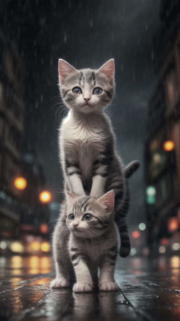 best quality,high resolution,realistic,extremely detailed,8k,crisp,vibrant detailed, Stray kitten soaked in the rain Looking At Camera, sorauama, Cityscape, evening, rain, masterpiece,horrorAI, cinematic, Ultra-detailed 