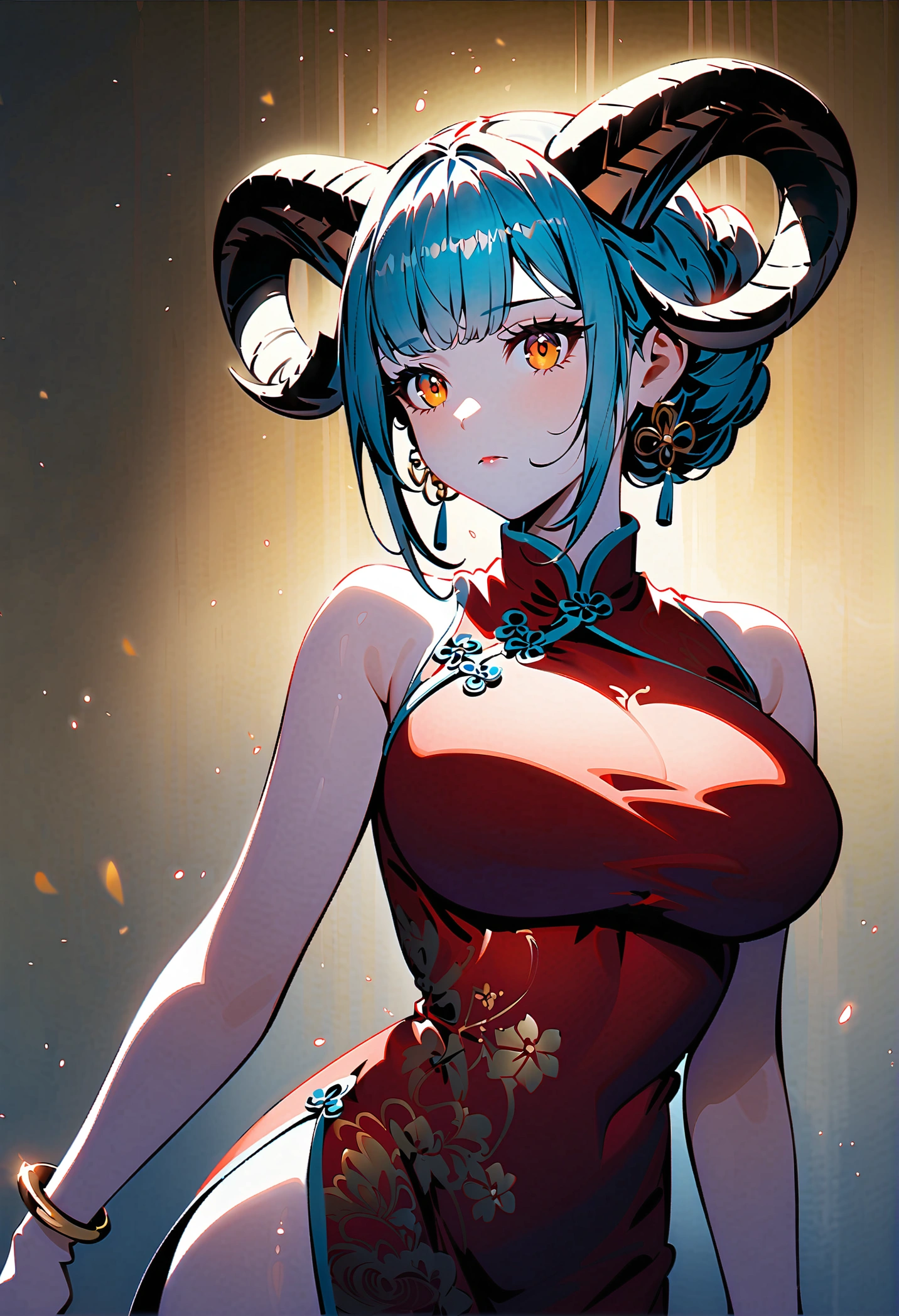 masterpiece,best quality,extremely detailed CG unity 8k wallpaper, tmasterpiece,Best quality,extremely detaild CG unified 8k wallpapers, tmasterpiece, Best quality, CG, optics , Frederick the Great(((azur lane))),detail processing,((Black+yellow Cat pupil)),headgear,hair on one eye, cabelos preto e longos,((MILF,A mature woman)), Huge cleavage,Intimacies,eventide,Clear face,face expressionless,bangle,((big horns)),solo,((cheongsam))l