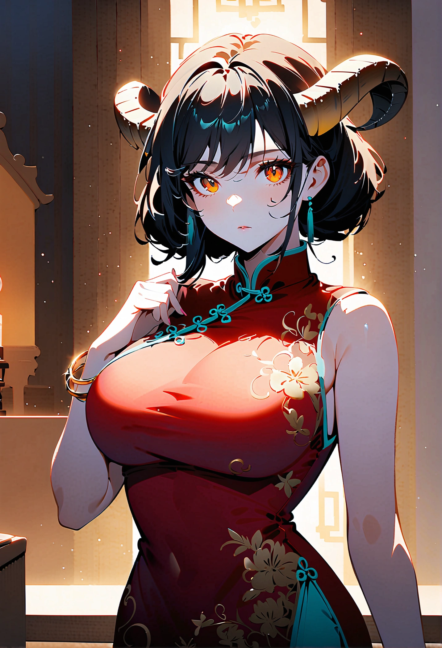 masterpiece,best quality,extremely detailed CG unity 8k wallpaper, tmasterpiece,Best quality,extremely detaild CG unified 8k wallpapers, tmasterpiece, Best quality, CG, optics , Frederick the Great(((azur lane))),detail processing,((Black+yellow Cat pupil)),headgear,hair on one eye, cabelos preto e longos,((,A mature woman)), Huge ,Intimacies,eventide,Clear face,face expressionless,bangle,((big horns)),solo,((cheongsam))l