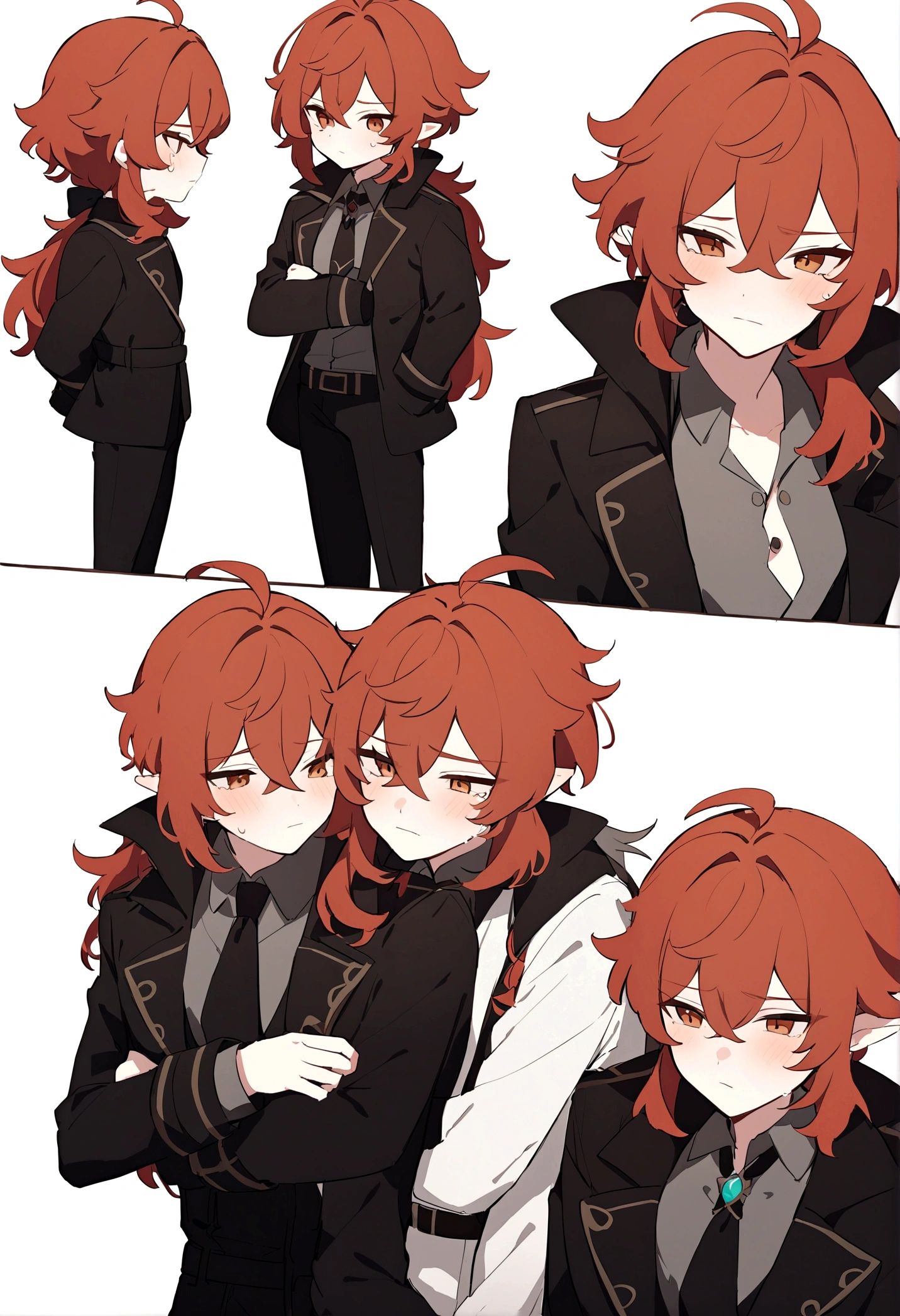 Tignari from the game Genshin impact dressed in a doctor&#39;s coat, he hugs Diluc from the game Genshin impact, Diluc is wearing a police chief&#39;s uniform, Tignari is crying, hugging Diluc, Tignari&#39;s ears droop, He's crying