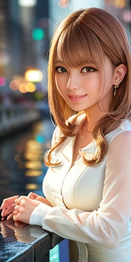 (8K, RAW Photos, Highest quality, Tabletop:1.2), (Realistic, Photorealistic:1.37),One Girl, Cityscape, night, Wet, Professional Lighting, Photon Mapping, White Dress、Look forward and smile,Full body photo、
