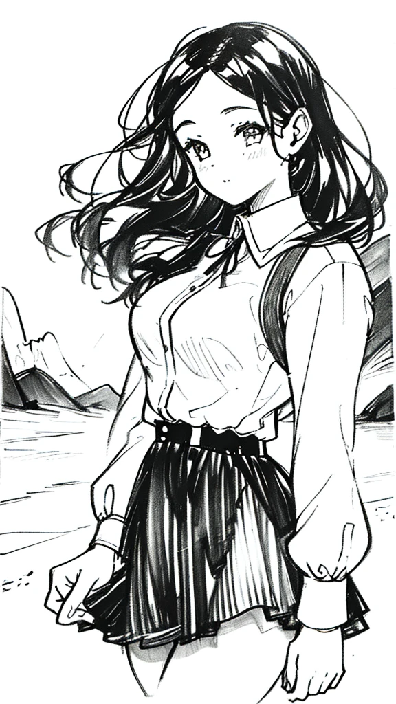 One Girl,Line art,Monochrome,sketch,Pencil drawing,Traditional Media,One Girl, skirt,Cute Teenage Girls, ,Beautiful portrait、Delicate body、Black Hair、Black Hair,landscape