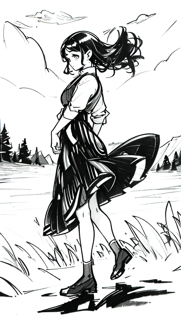 One Girl,Line art,Monochrome,sketch,Pencil drawing,Traditional Media,One Girl, skirt,Cute Teenage Girls, ,Beautiful portrait、Delicate body、Black Hair、Black Hair,landscape