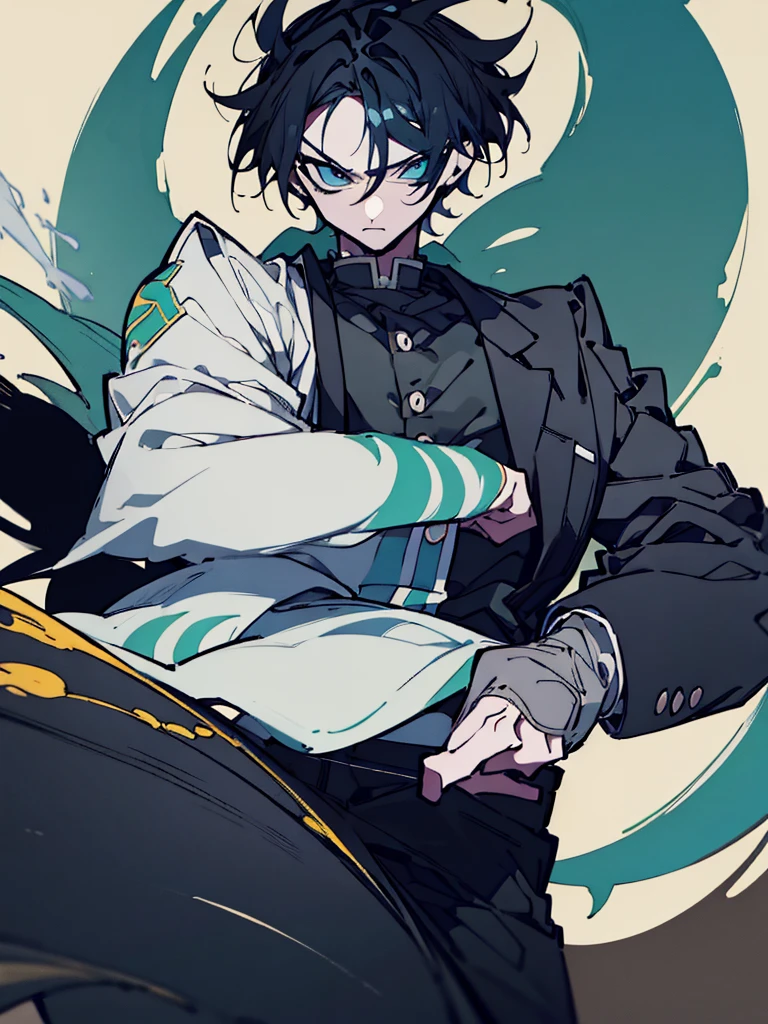 anime - style image of a man with a sword in his hand, Demon slayer art style, 坏蛋动漫8 K, epic anime style, zerochan art, 由杨J, demon slayer rui fanart, zerochan, trends on artstation pixiv, by Master Kanbun, handsome guy in demon slayer art, sengoku – art style of the era, all black hair, all black hair, Bblack hair, blue colored eyes, blue colored eyes