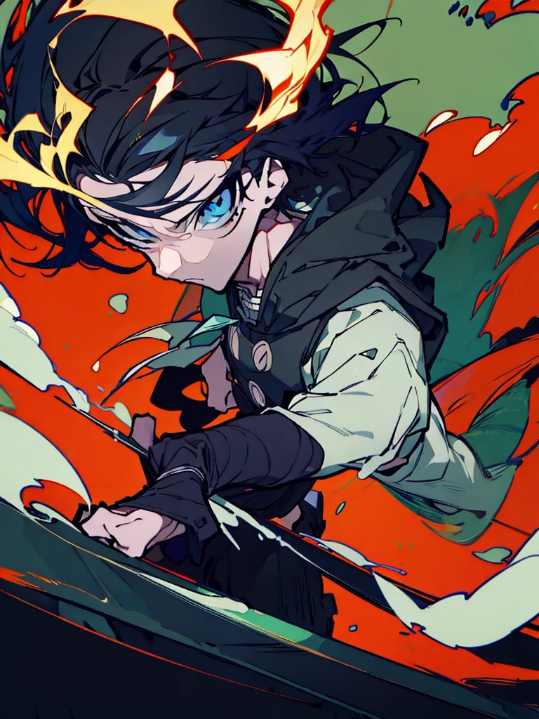 anime - style image of a man with a sword in his hand, Demon slayer art style, 坏蛋动漫8 K, epic anime style, zerochan art, 由杨J, demon slayer rui fanart, zerochan, trends on artstation pixiv, by Master Kanbun, handsome guy in demon slayer art, sengoku – art style of the era, all black hair, all black hair, Bblack hair, blue colored eyes, blue colored eyes