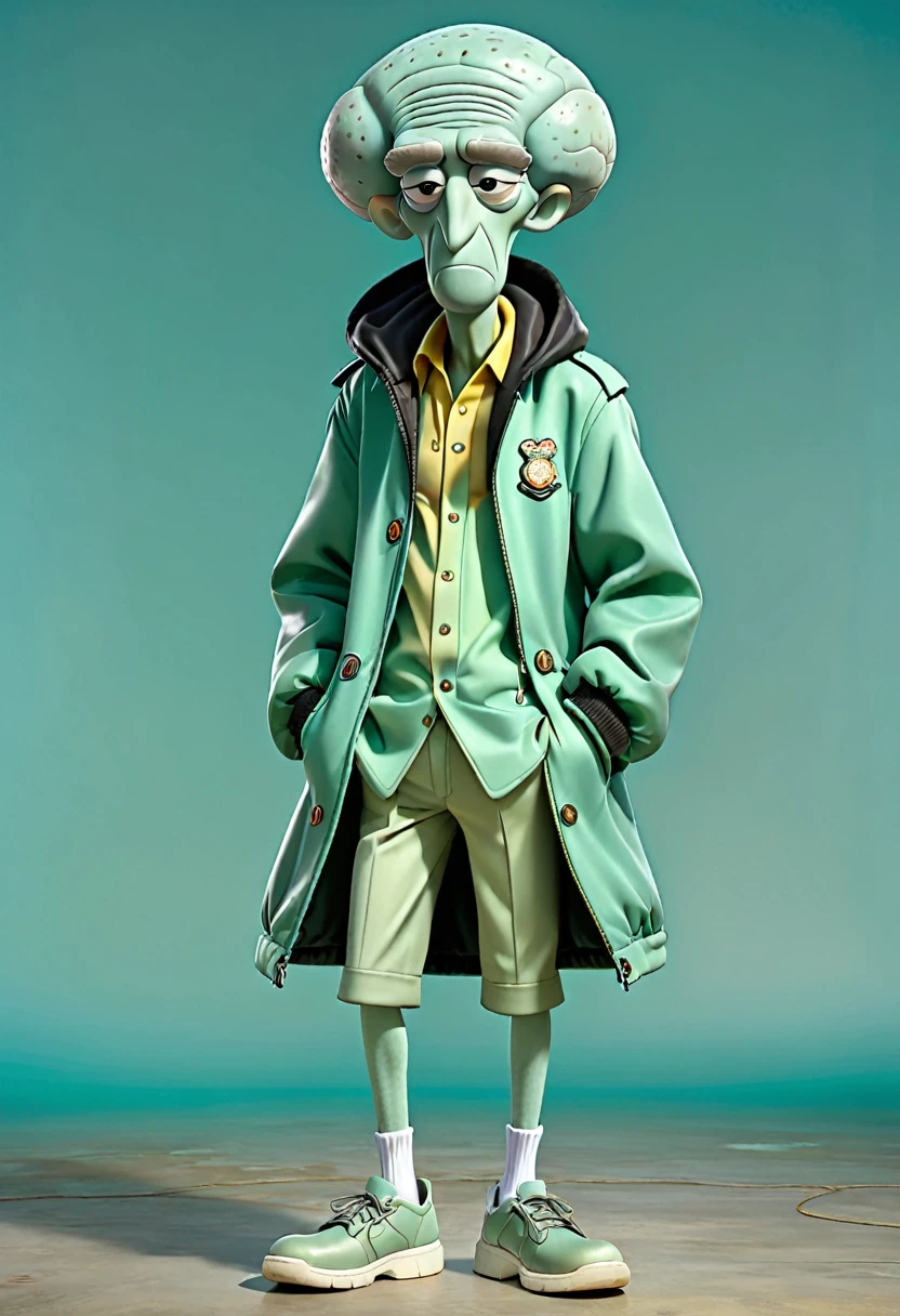 Squidward Tentacles，Wearing a jacket, fashionable attire, full body photos, feet,