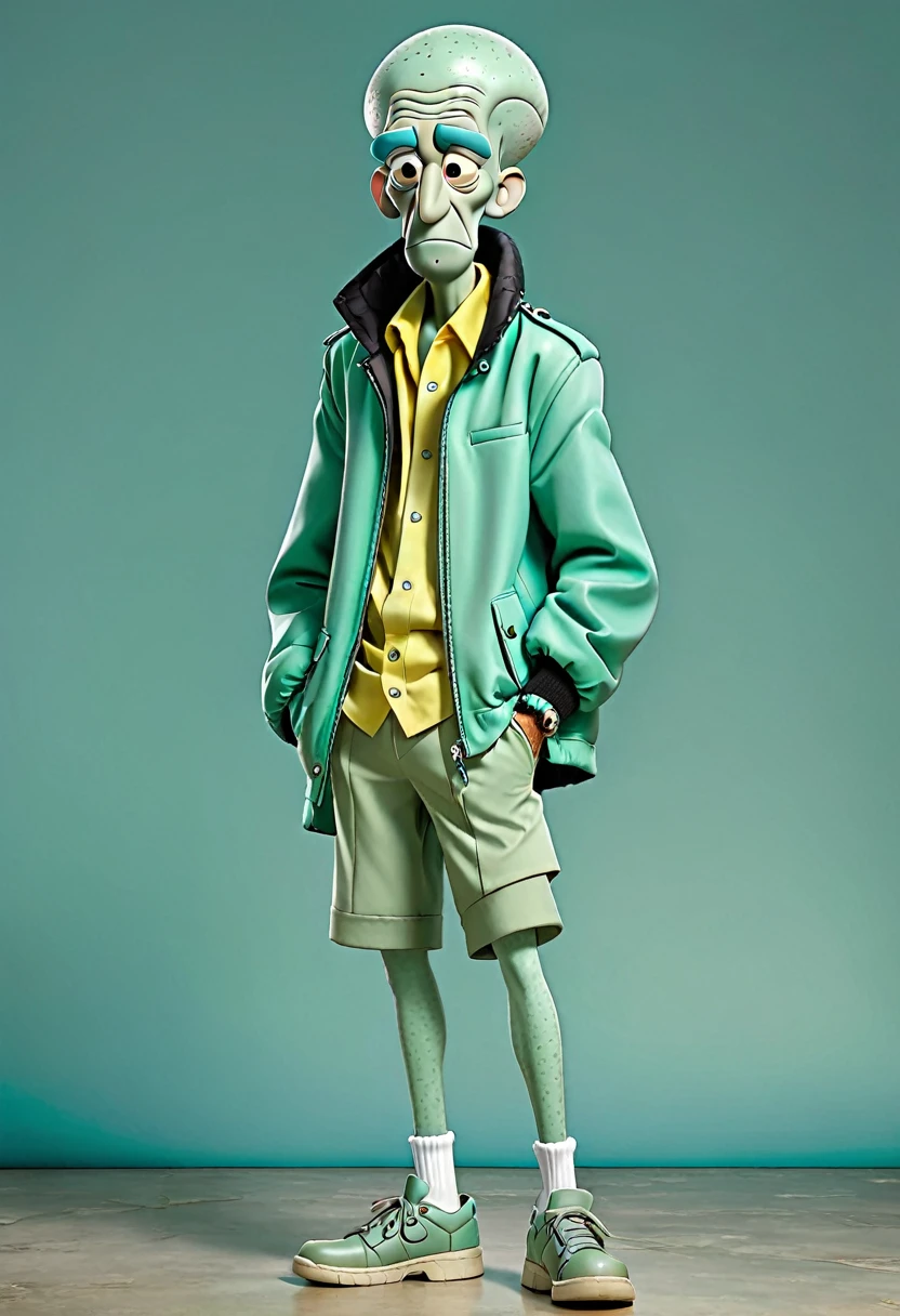 Squidward Tentacles,Wearing a jacket, fashionable attire, full body photos, feet,