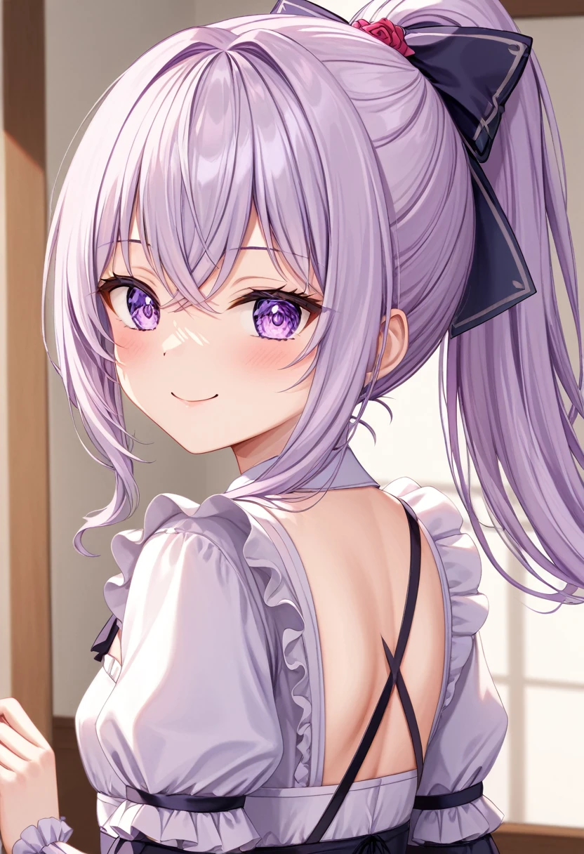 (((masterpiece)))(((Highest quality)))(((8K)))(((4K)))One 、10 years olaight Hair、Piigh ponytail、Crossed bangs、Light purple eyes、Squint your eyes、smile、Cute JC uniform、Small breasts, from behind、turn around、Upper Body、Anime Style、
