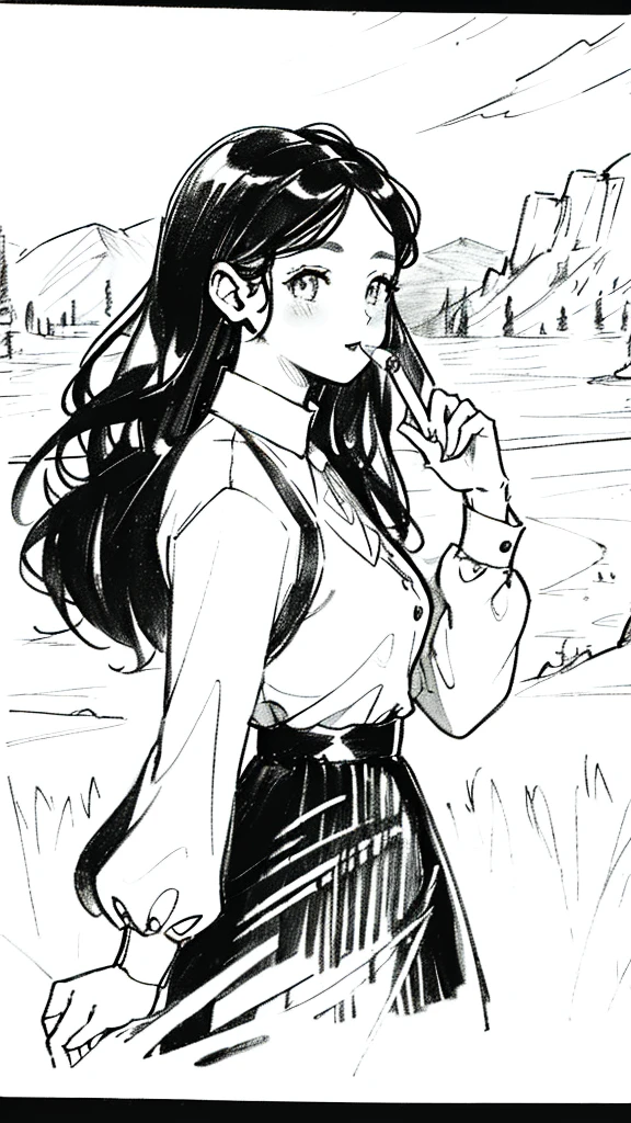 One Girl,Line art,Monochrome,sketch,Pencil drawing,Traditional Media,One Girl, skirt,Cute Teenage Girls, ,Beautiful portrait、Delicate body、Black Hair、Black Hair,landscape