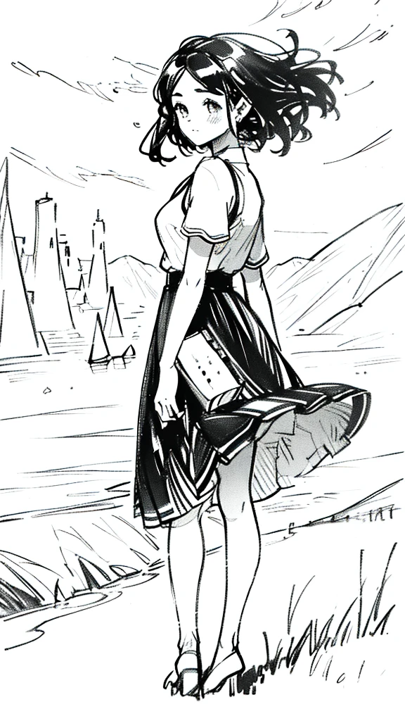 One Girl,Line art,Monochrome,sketch,Pencil drawing,Traditional Media,One Girl, skirt,Cute Teenage Girls, ,Beautiful portrait、Delicate body、Black Hair、Black Hair,landscape
