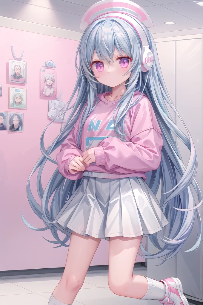,White knee socks,Light blue long hair,Pink and white sweatshirt,Pink Eyes,Blue headphones,The character stands,Role display picture,White sneakers