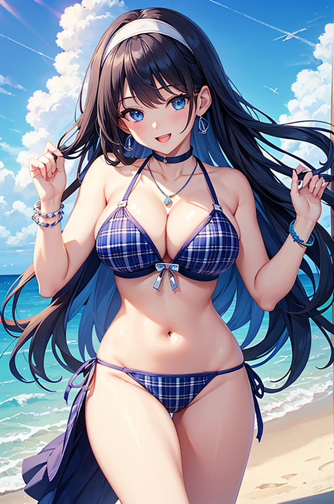 Highest quality、Highest quality、masterpiece、beauty(Age 25)、Navy blue long hair、blue eyes、Sexy plaid bikini、Big cleavage、(Big Breasts),smile、blue necklace、Blue Earrings、background(Beach)、Please open your mouth wide、White headband、bracelet、Dynamic pose、Blue choker