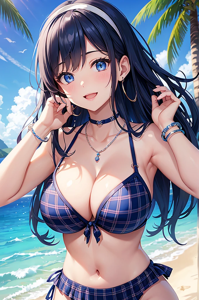 Highest quality、Highest quality、masterpiece、beauty(Age 25)、Navy blue long hair、blue eyes、Sexy plaid bikini、Big cleavage、(Big Breasts),smile、blue necklace、Blue Earrings、background(Beach)、Please open your mouth wide、White headband、bracelet、Dynamic pose、Blue choker