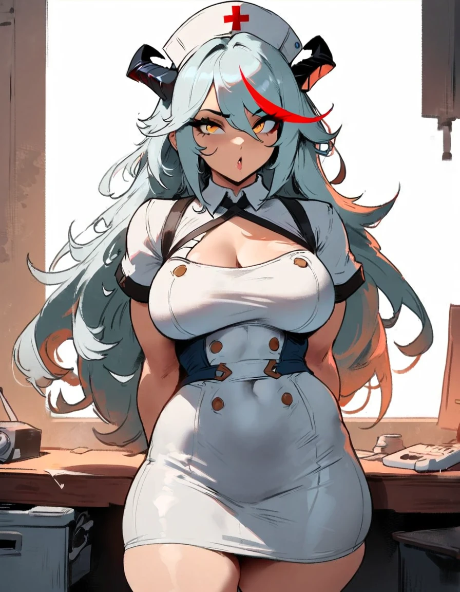 1girl, aegir \(azur lane\), azur lane \\\\\ masterpiece, best quality, very aesthetic, absurdres, newest \\\\\\ sportive body,  \\\\\\ by nyantcha,,by cutesexyrobutts,by khyle ///// white hair with a single prominent red streak, black horns, yellow eyes,  ,at hospital, white (nurse outfit:1.2), skirt, standing, white pencil skirt, nurse cap, , big tits, a red cross on the cap